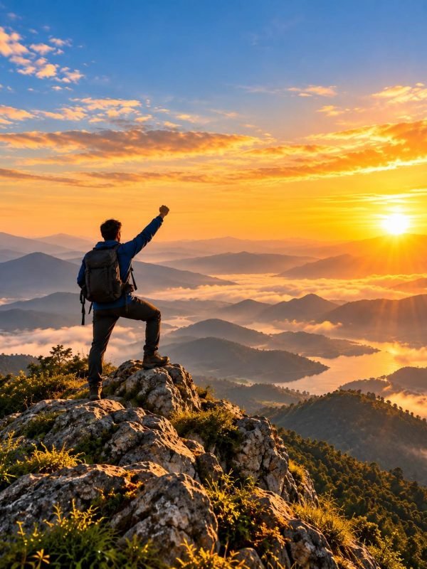 Triumphant Hiker at Golden Sunrise (1)